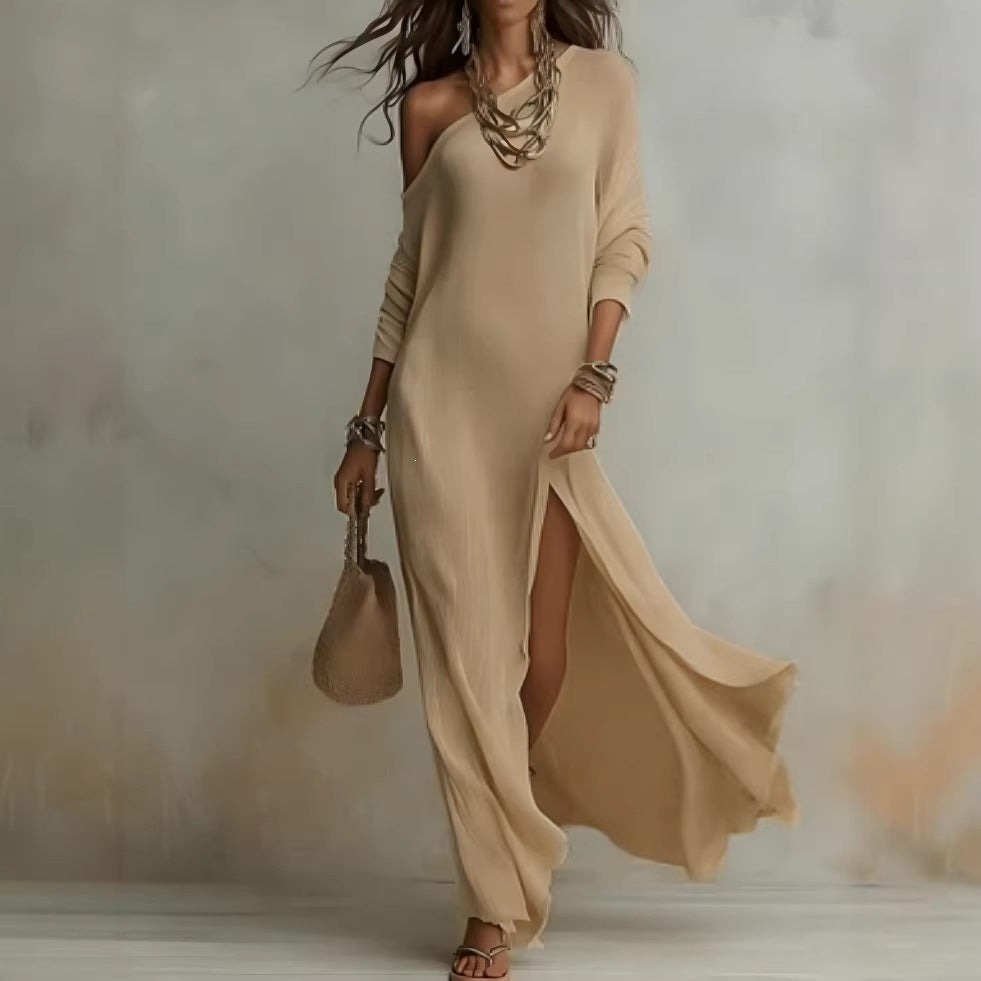 Ruched Knit Slit Midi Dress