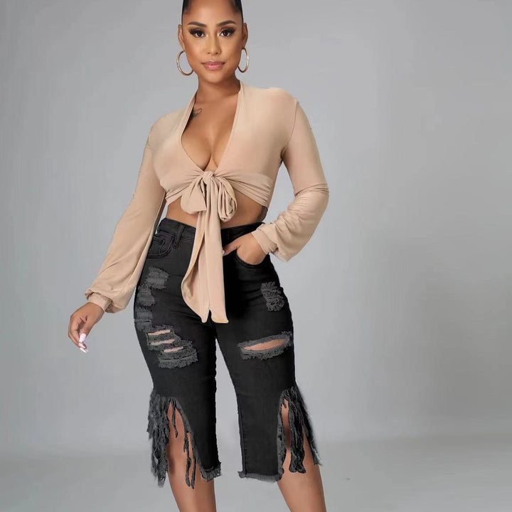 High-Waisted Distressed Frayed Hem Bermuda Jeans