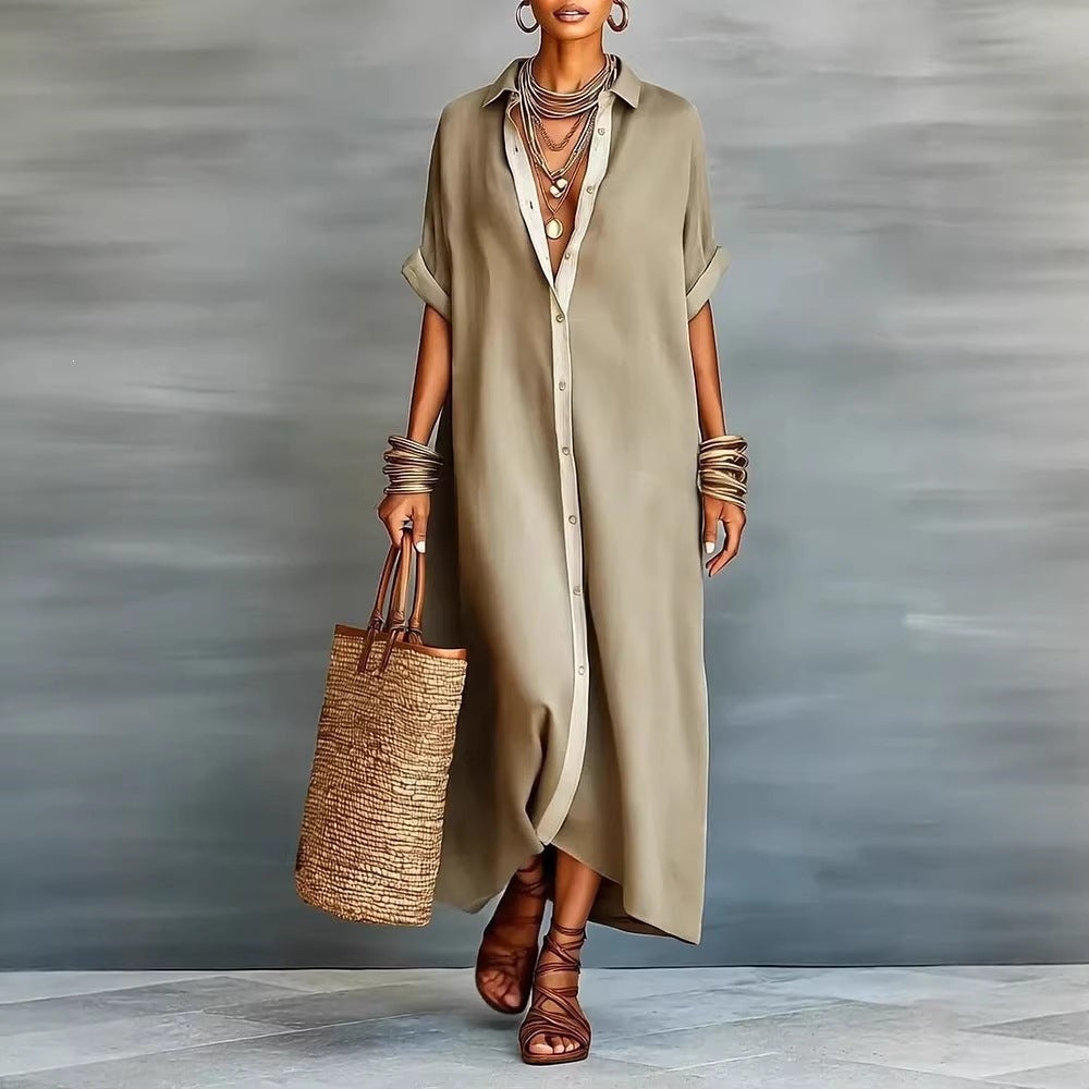 Relaxed Fit Colorblock Midi Shirt Dress