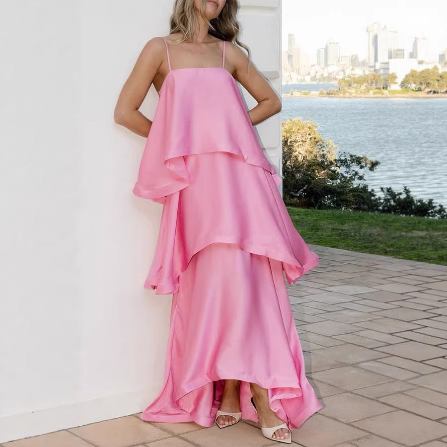 Elegant Tiered Satin Resort Maxi Dress