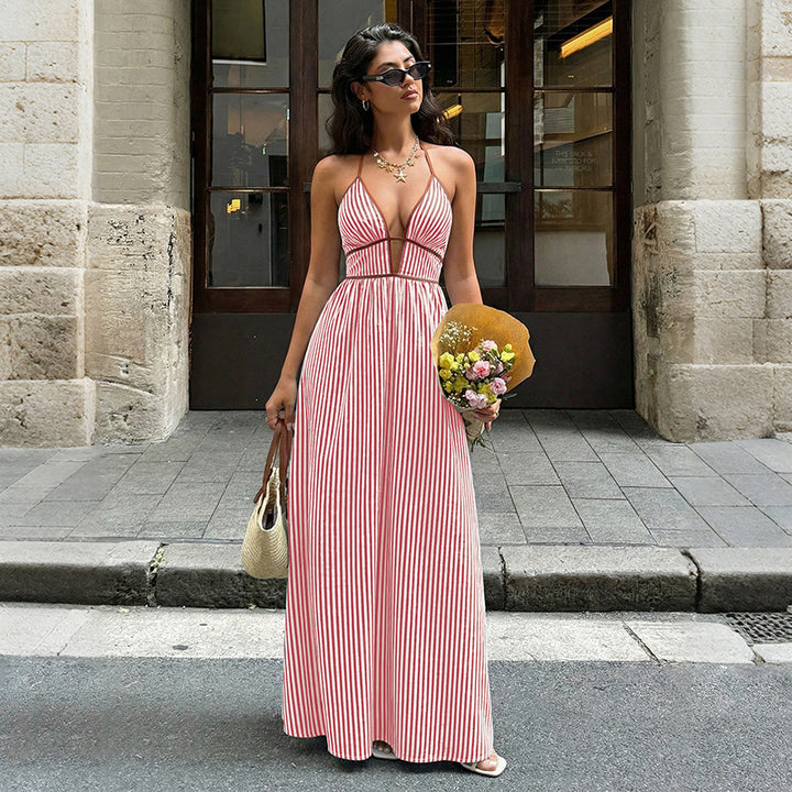 Elegant Striped Halter Resort Maxi Dress