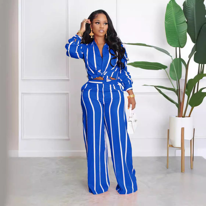 Striped Button-Up Shirt &amp; Straight Leg Pants Set
