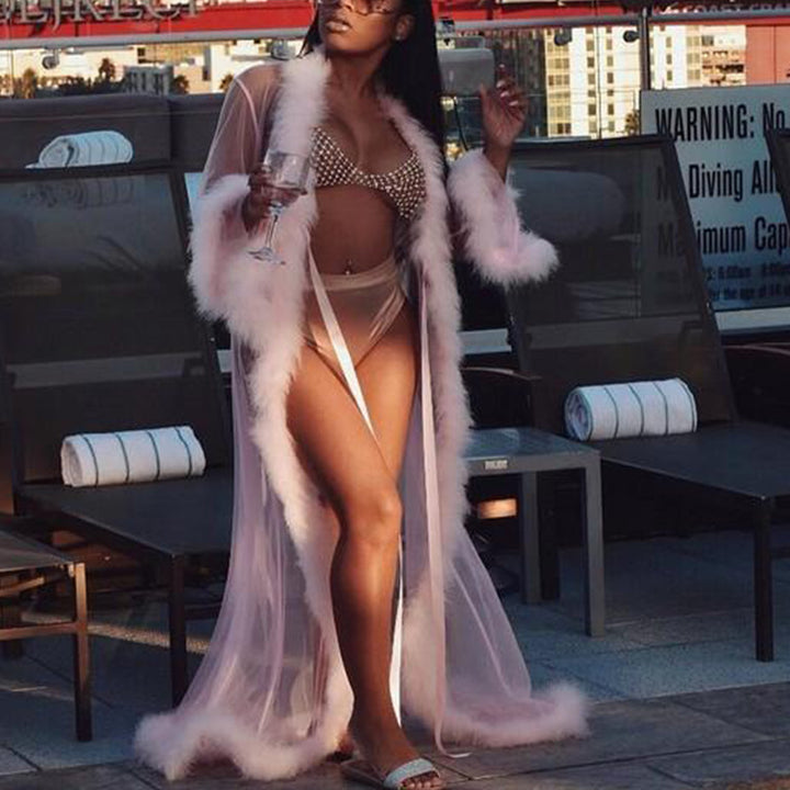 Sheer Mesh Fur Trim Long Robe
