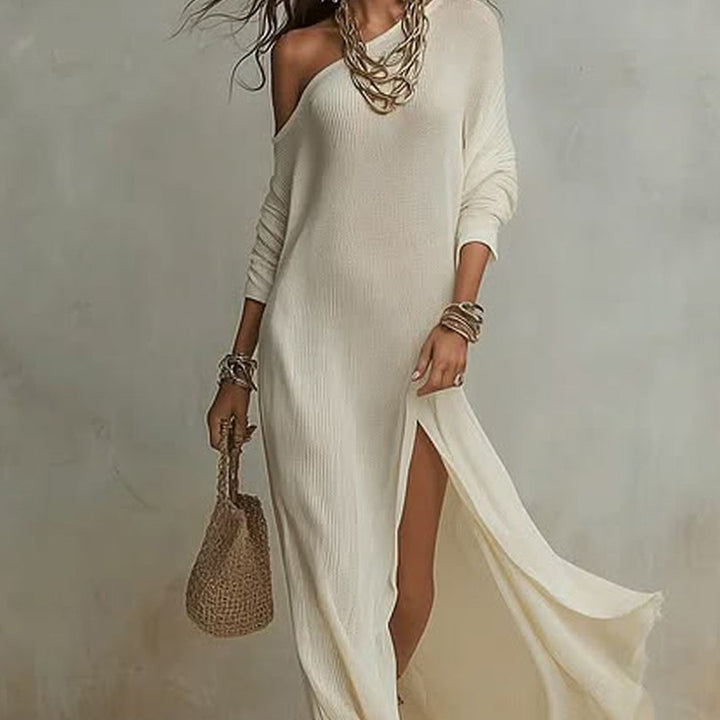 Ruched Knit Slit Midi Dress