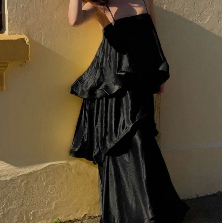 Elegant Tiered Satin Resort Maxi Dress