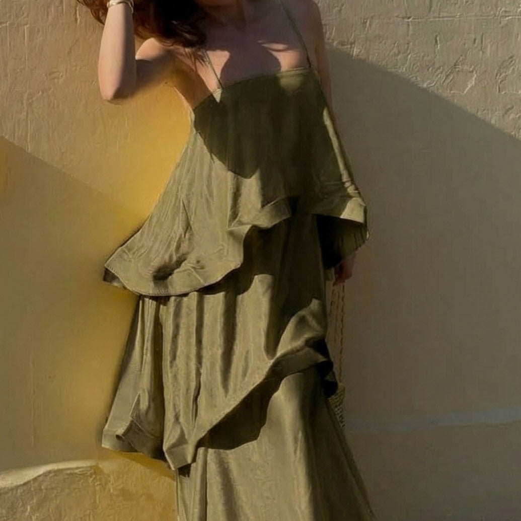 Elegant Tiered Satin Resort Maxi Dress