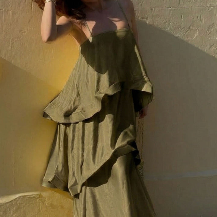 Elegant Tiered Satin Resort Maxi Dress