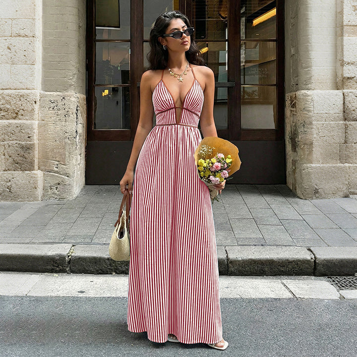 Elegant Striped Halter Resort Maxi Dress
