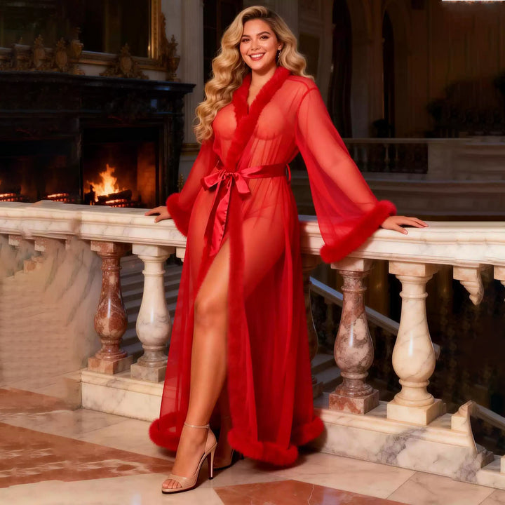 Sheer Mesh Fur Trim Long Robe
