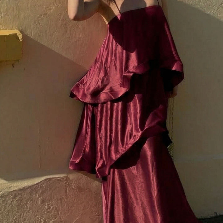 Elegant Tiered Satin Resort Maxi Dress