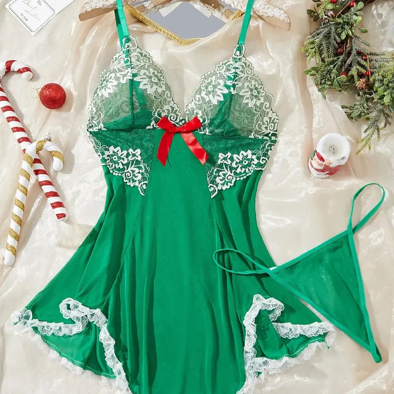 Contrast Lace Bow Mesh Slip Set