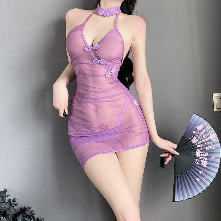 Sexy ancient style cheongsam butterfly love flower transparent hip-wrapped lace-up uniform free-to-take-off suit-D1023