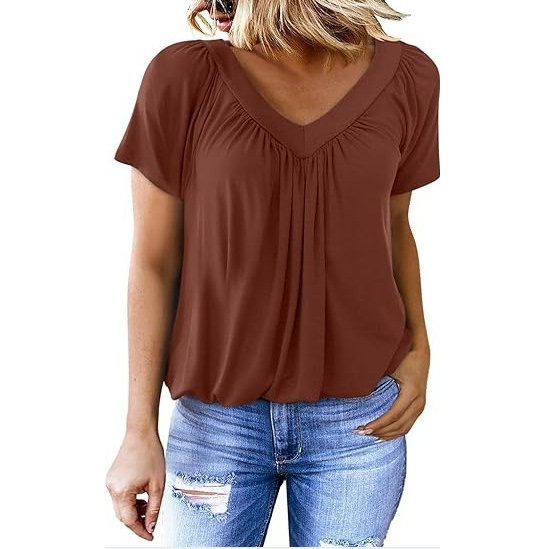 Casual V-Neck Shirred Short Sleeve Top