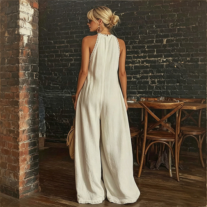 Cotton Lace Trim Sleeveless Jumpsuit