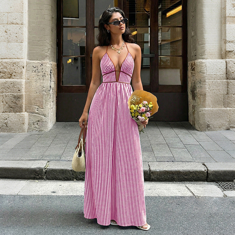 Elegant Striped Halter Resort Maxi Dress