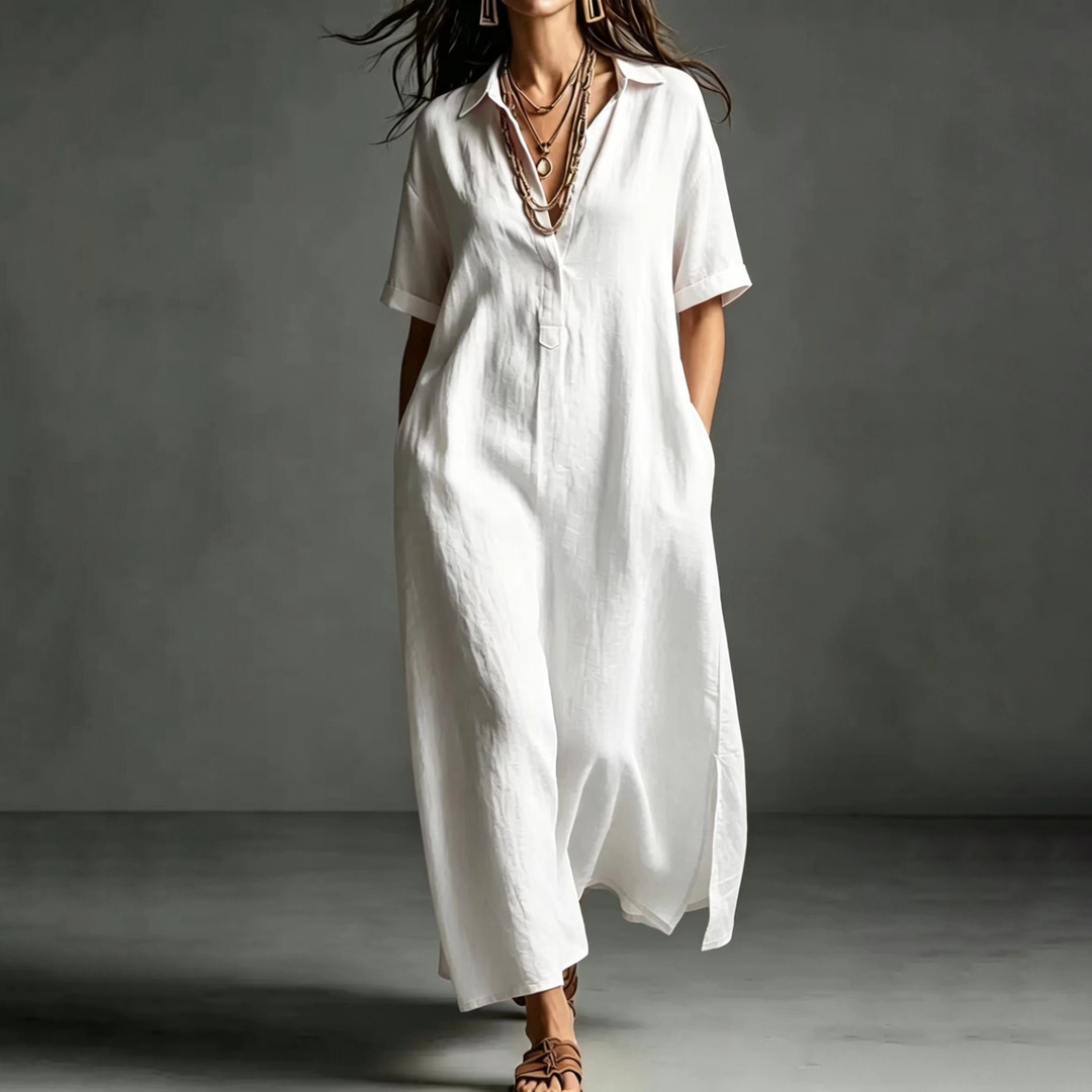 Linen Blend Collared Maxi Dress