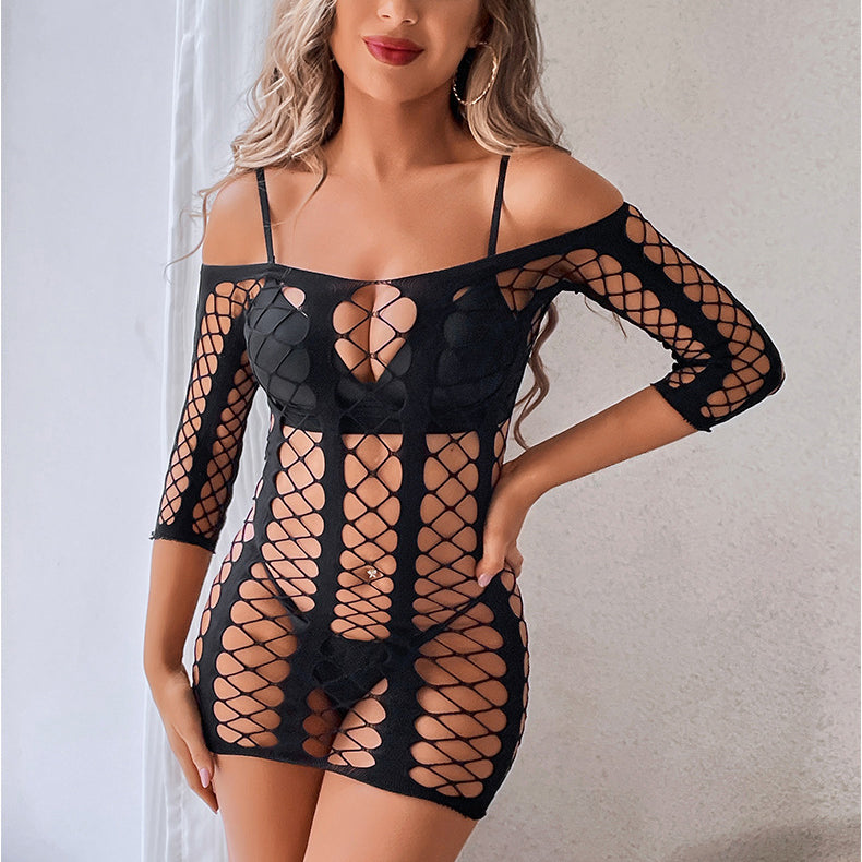 Sexy long-sleeved striped hollow mesh sexy miniskirt