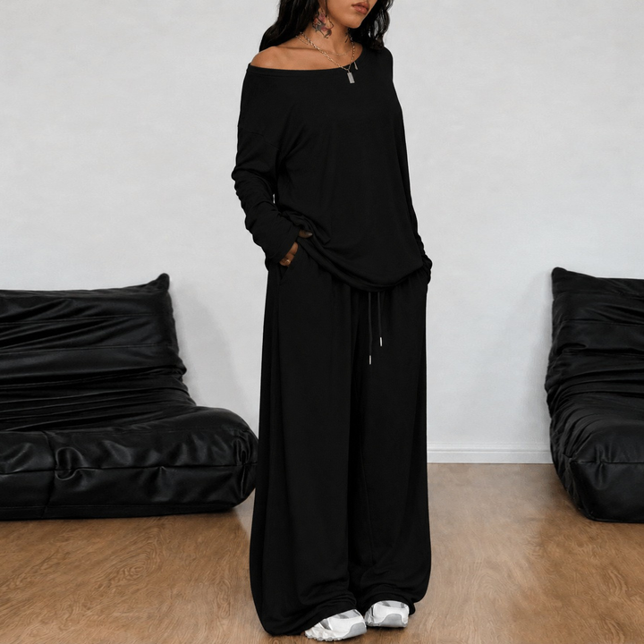 Off-shoulder wide-leg casual set