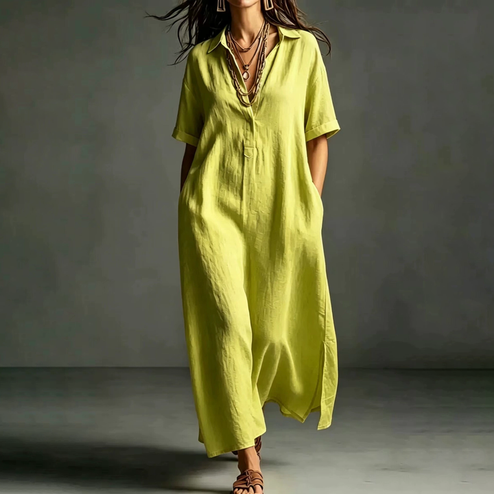 Linen Blend Collared Maxi Dress