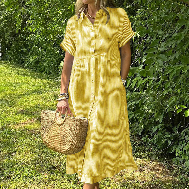 Relaxed Striped Cotton Linen Shirt Dress