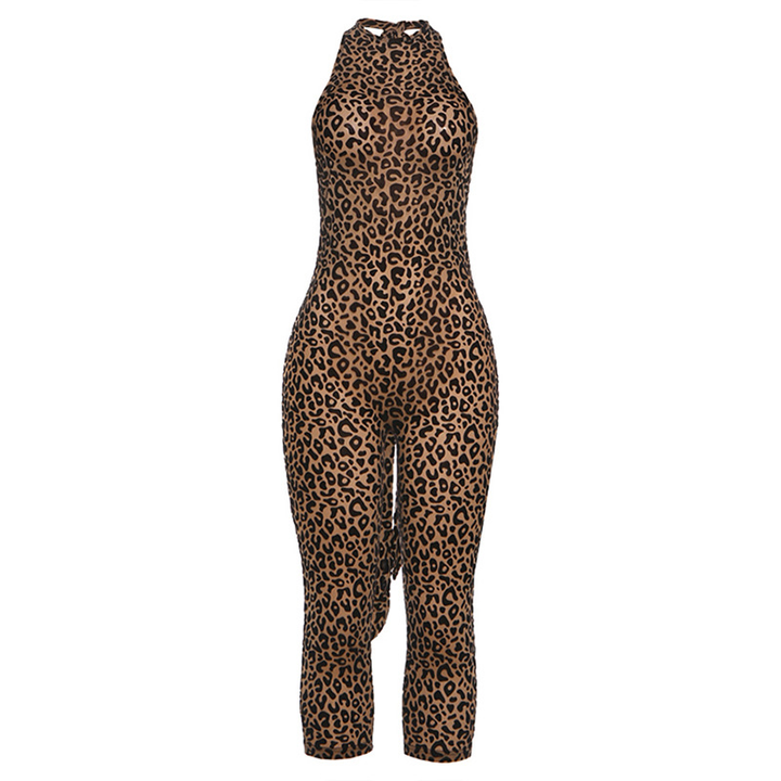 Women’s Leopard Print Bodycon Jumpsuit – Backless Design