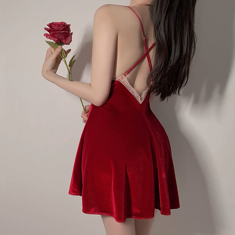 Sexy low-cut pajamas velvet backless suspender nightdress