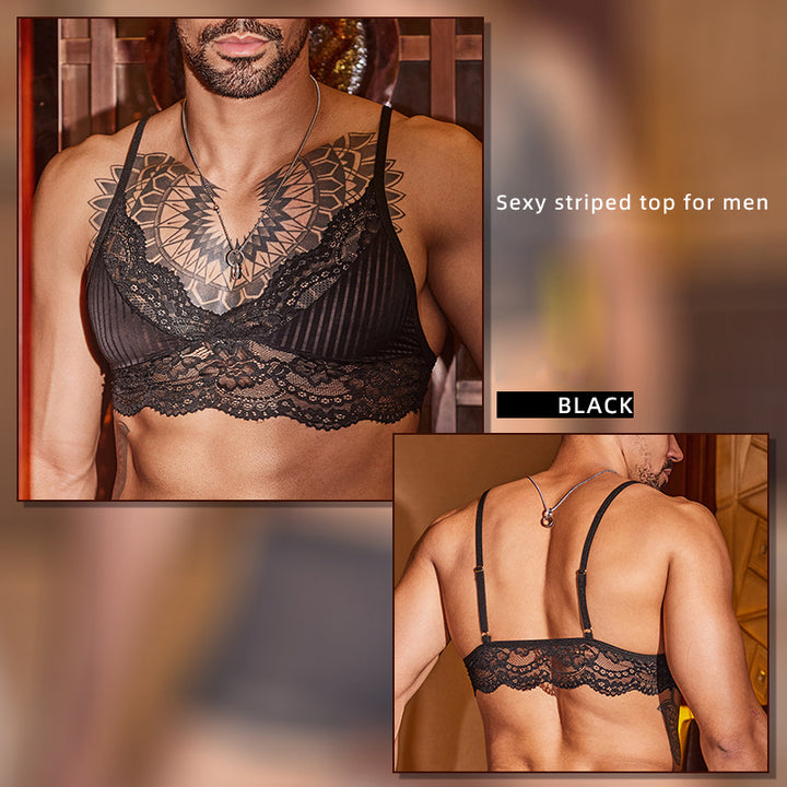 Men’s Sheer Lace Top &amp; Striped Lingerie Set