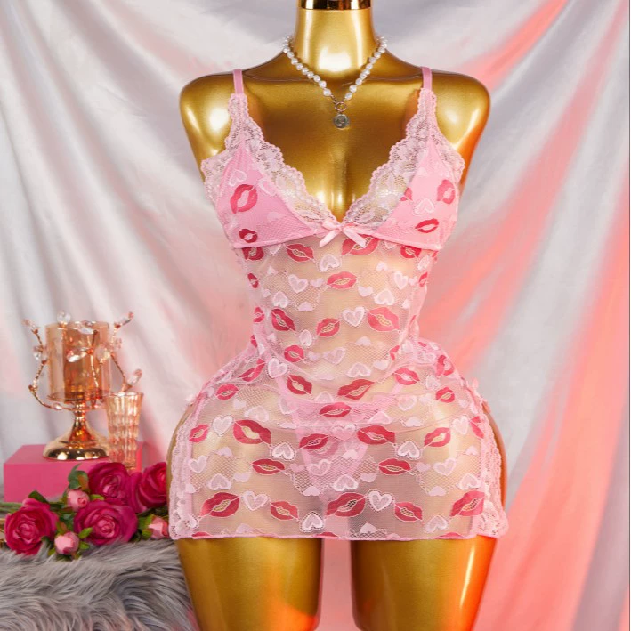 Sheer Mesh Ruffle Trim Slip Lingerie Set