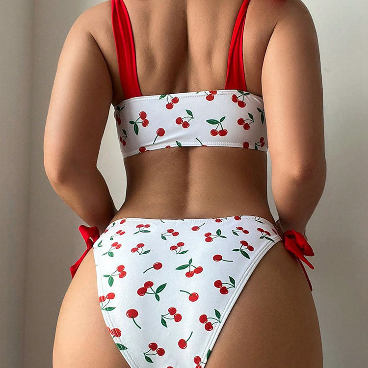 Cherry Pattern Lace-up Bikini Swimsuit Set
