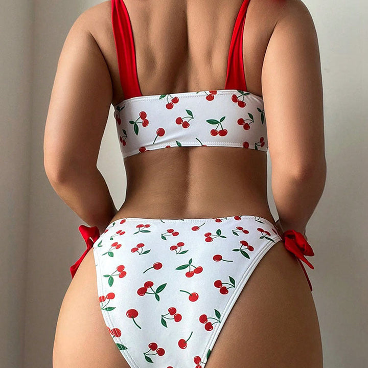 Cherry Pattern Lace-up Bikini Swimsuit Set