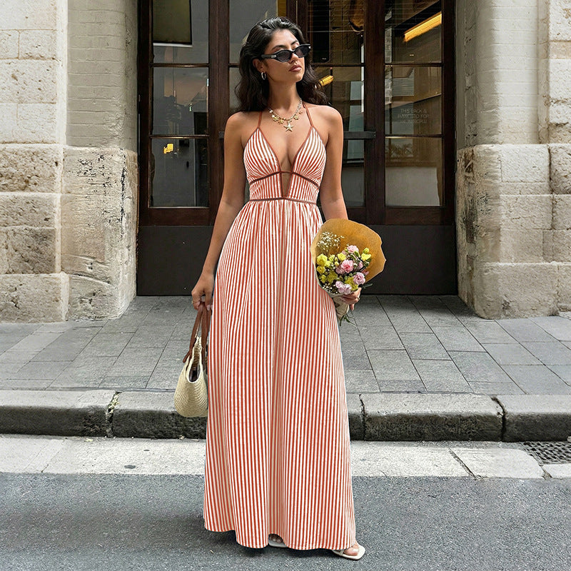 Elegant Striped Halter Resort Maxi Dress