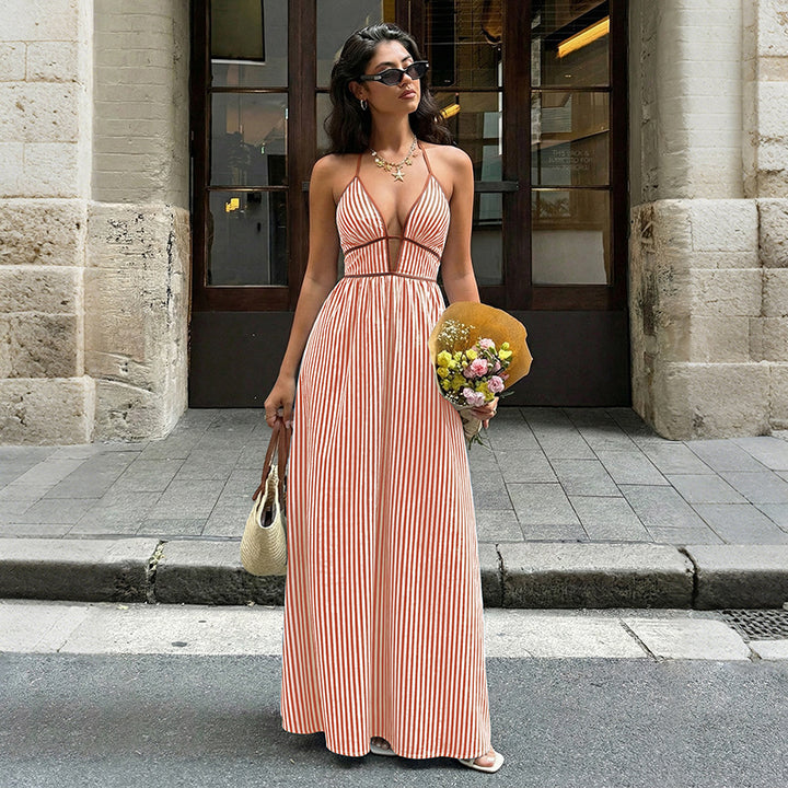 Elegant Striped Halter Resort Maxi Dress