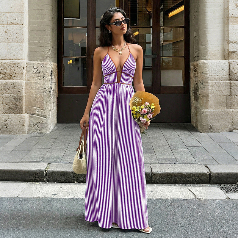 Elegant Striped Halter Resort Maxi Dress