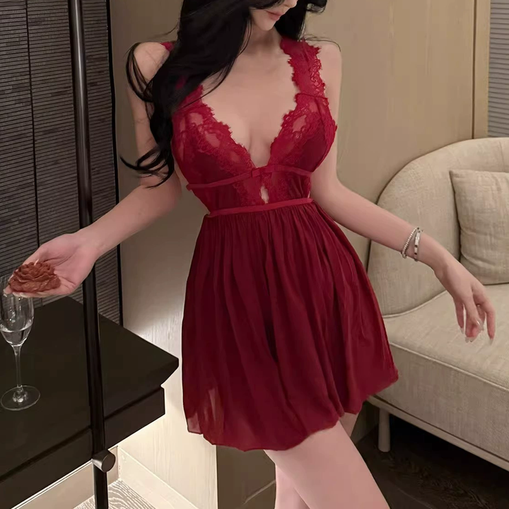 Sheer Backless Lace Babydoll Lingerie Dress