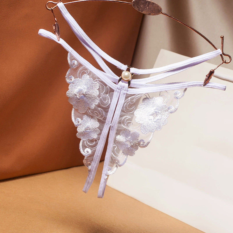 Embroidered Hollow Sheer Mesh Thong