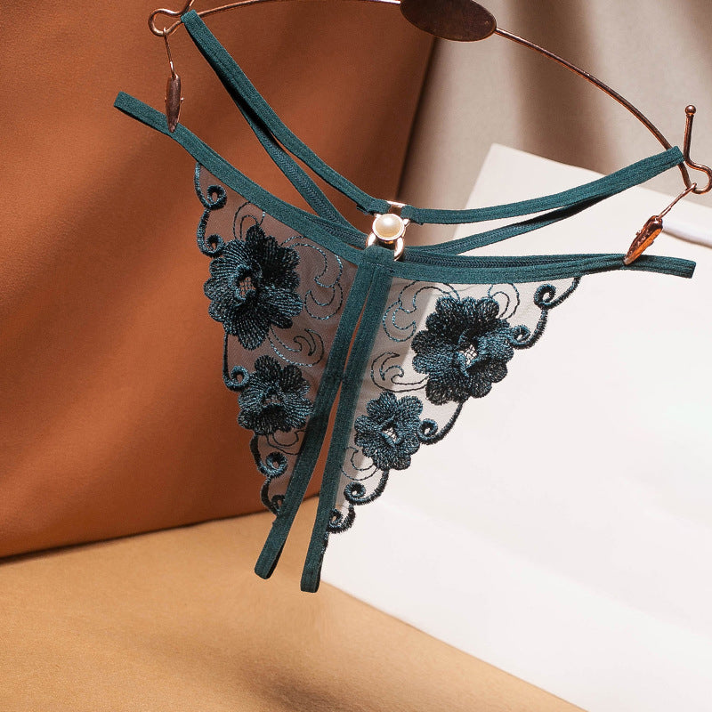 Embroidered Hollow Sheer Mesh Thong