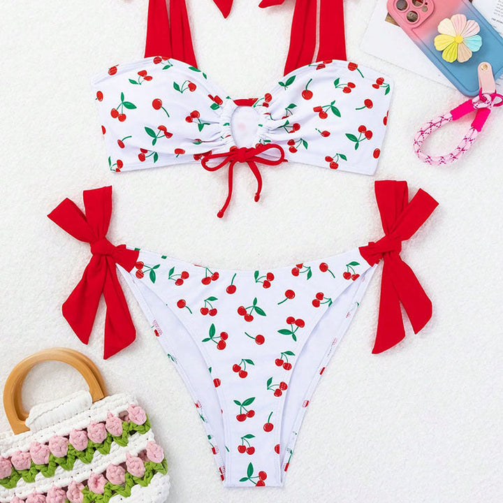 Cherry Pattern Lace-up Bikini Swimsuit Set