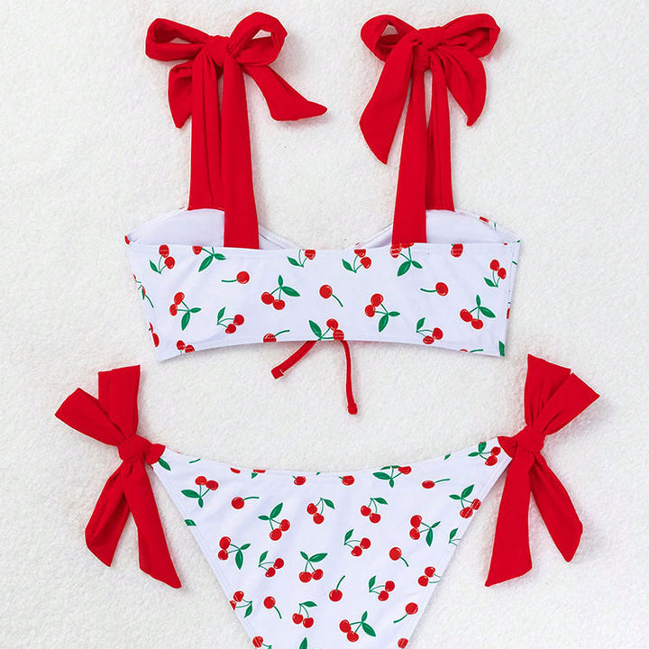 Cherry Pattern Lace-up Bikini Swimsuit Set
