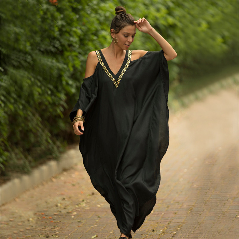 Embroidered Boho Beach Cover Up Maxi Dress
