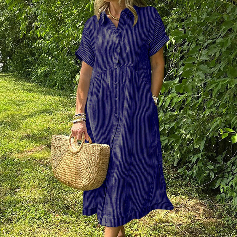 Relaxed Striped Cotton Linen Shirt Dress