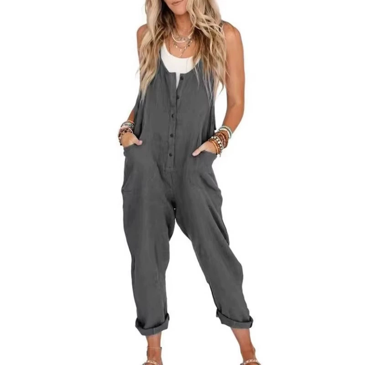 cotton and linen blend sleeveless loose jumpsuit