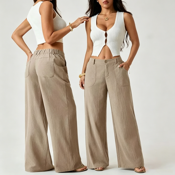 Linen Blend Mid Rise Wide Leg Pants