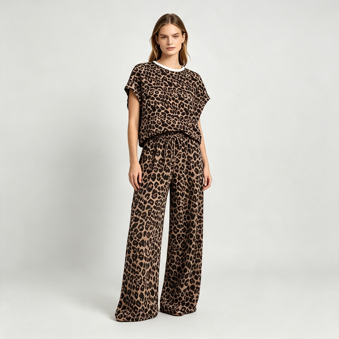 Leopard print short-sleeved wide-leg pants loungewear set