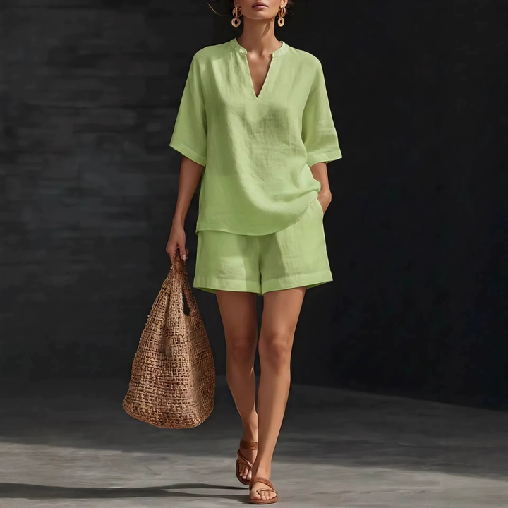 Linen Blend V-Neck Top &amp; Shorts Set