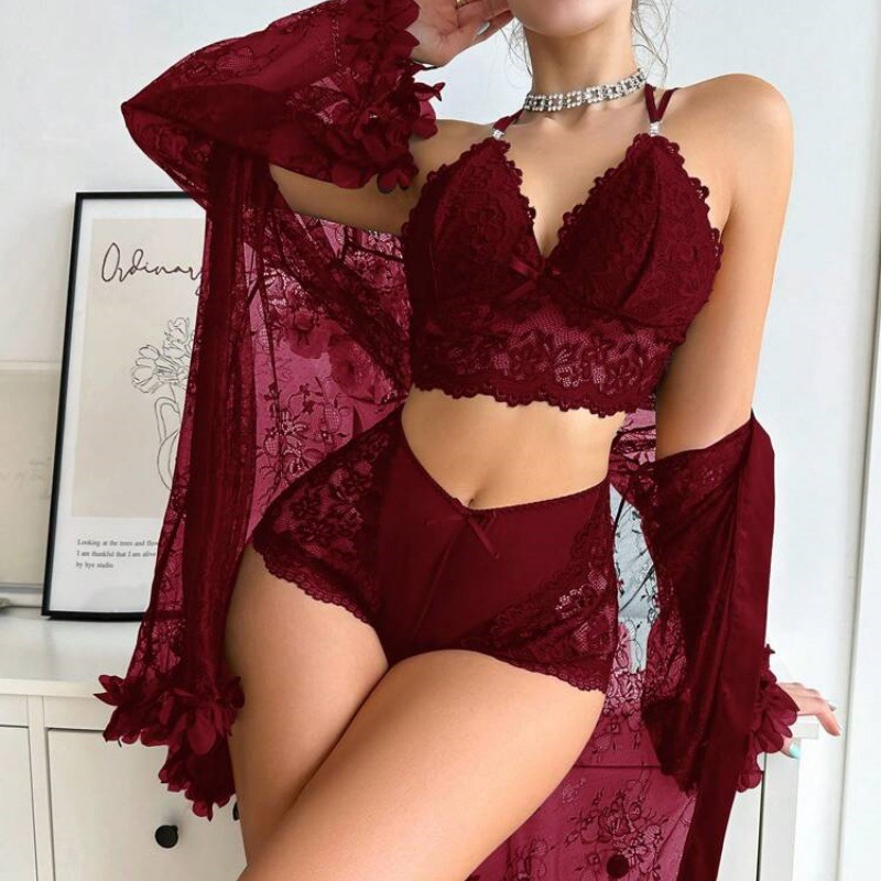 Women’s Lace Lingerie Set – 3-Piece with Robe