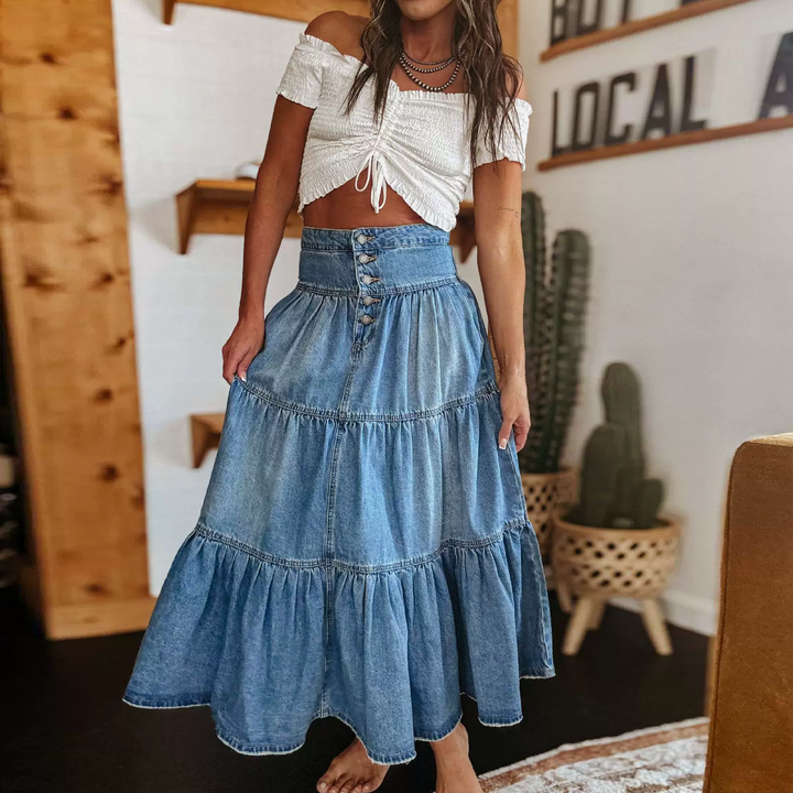 Premium Boho Tiered Denim Maxi Skirt