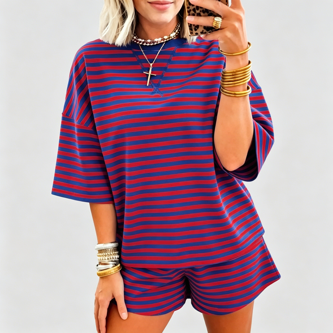 Striped Oversized Tee &amp; Shorts Knit Set