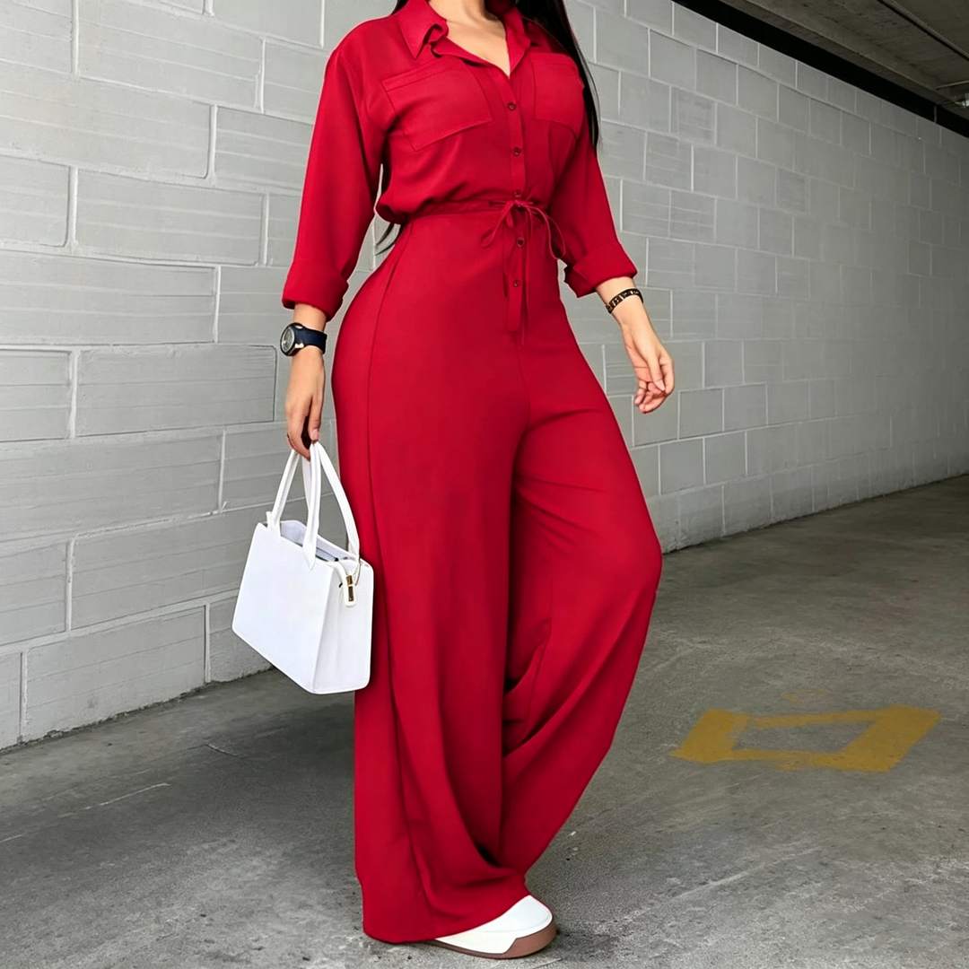Women’s Collared Jumpsuit – Wide Leg &amp; Belted Waist