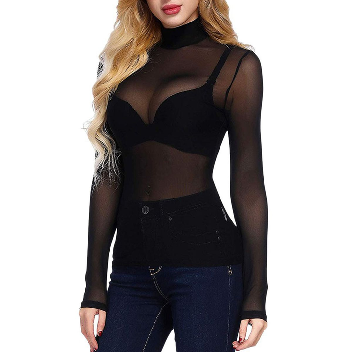 Sheer Mesh Turtleneck Slim Fit Top
