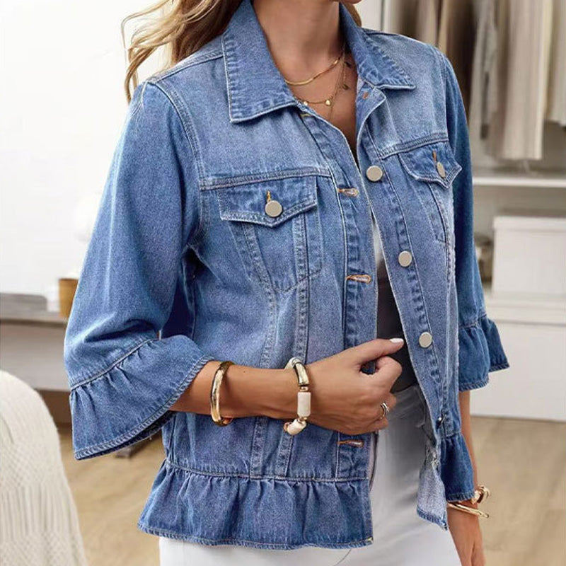 Ruffle Hem Cropped Denim Jacket